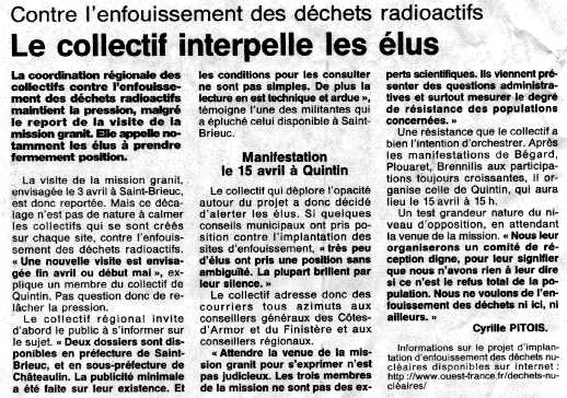 Ouest France du 29.3.2000 Quintin